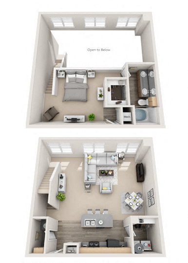 Floor plan for 1 bed, 1.5 baths, 1327 sqft